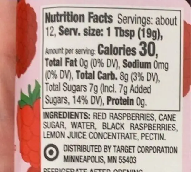 Red Raspberry Fruit Spread nutrition facts table