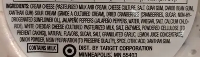 Cranberry jalapeno dip ingredients label
