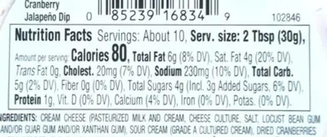 Cranberry jalapeno dip nutrition facts table
