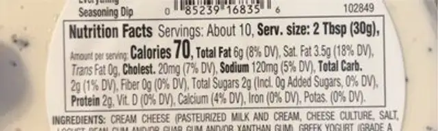 Everything seasoning dip nutrition facts table