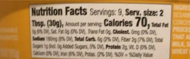 Golden Ginger Hummus nutrition facts table
