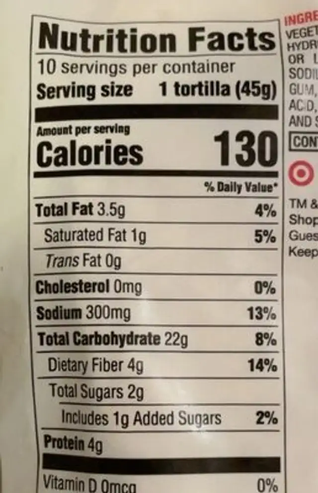 Whole Wheat Tortillas nutrition facts table