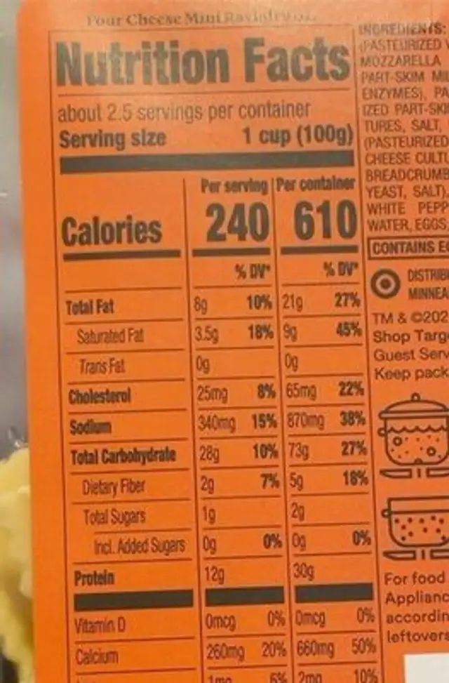 Four cheese mini ravioli nutrition facts table