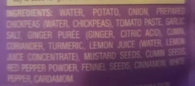 Bombay potatoes ingredients label