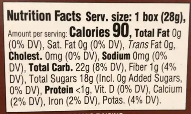 Thompson Raisins nutrition facts table