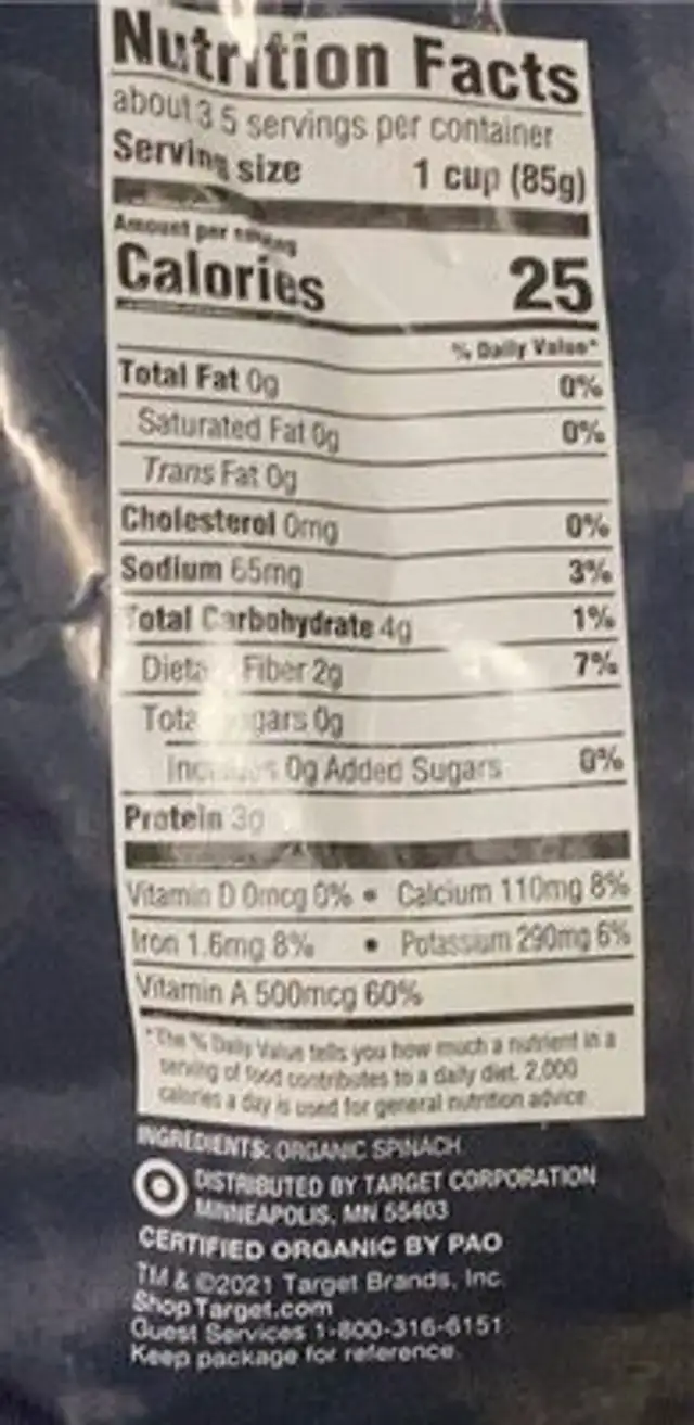Organic Steam in bag chopped spinach nutrition facts table