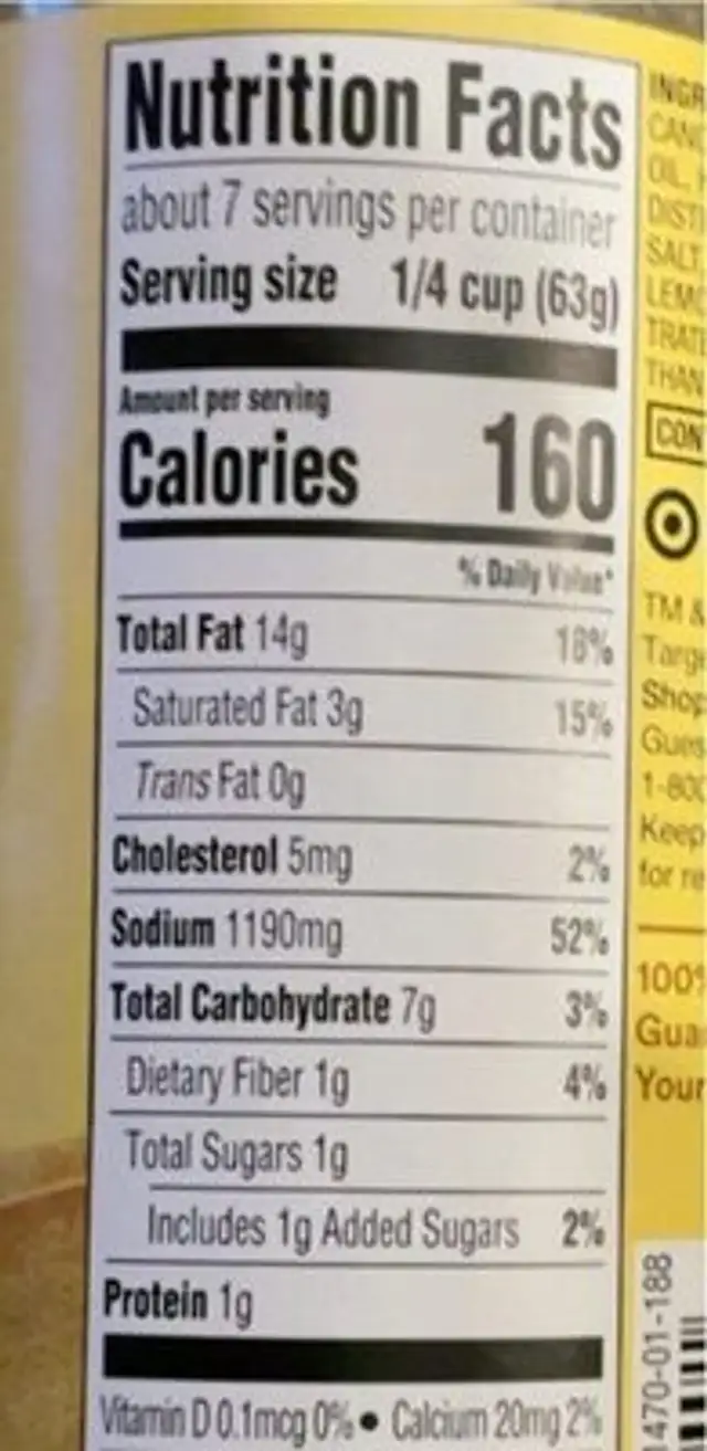 Creamy Lemon and Garlic Cooking Sauce nutrition facts table