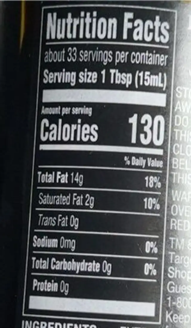100% California Extra Virgin Olive Oil nutrition facts table
