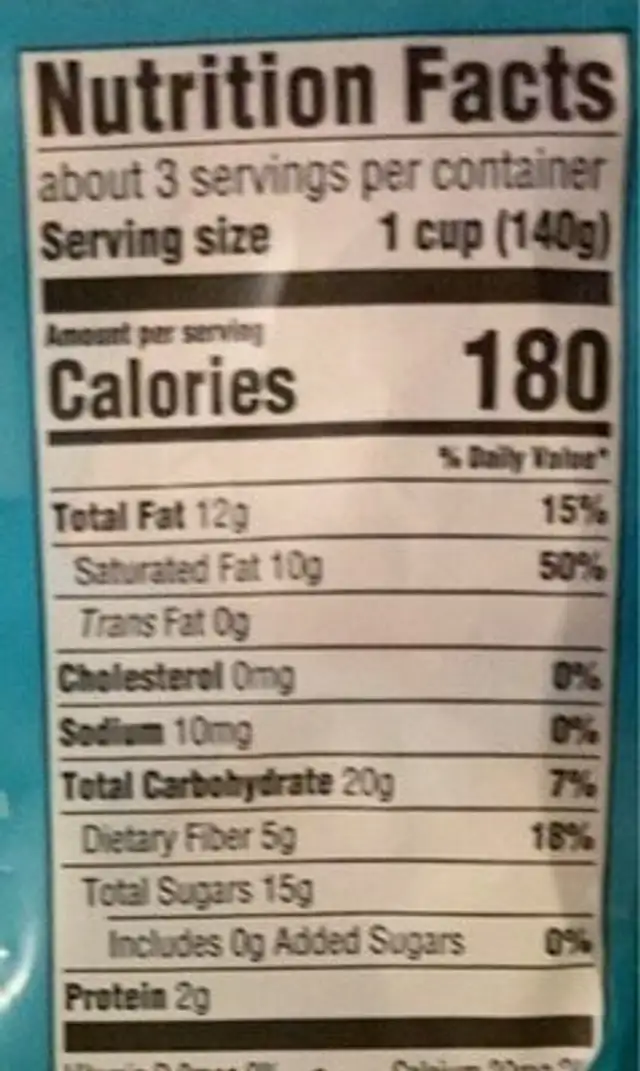 Colada Tropical Blend nutrition facts table
