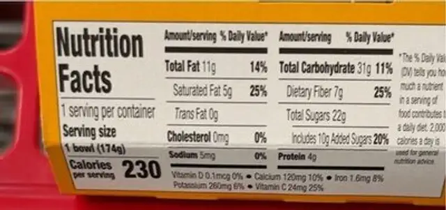 Mango passion fruiy chia seed bowl nutrition facts table