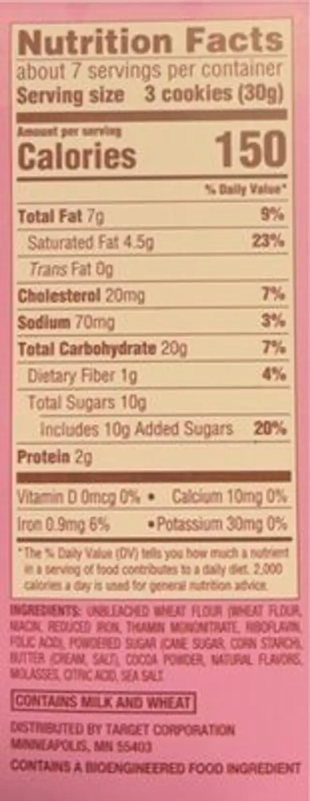 Chocolate Raspberry Cookies nutrition facts table