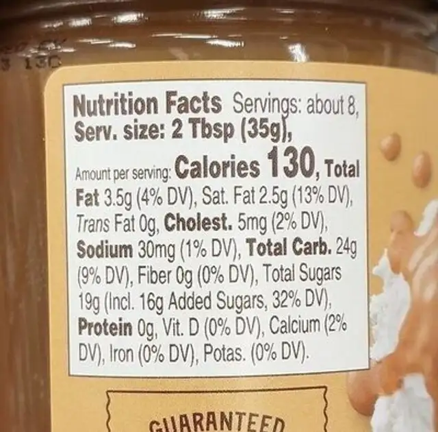 Brown butter caramel nutrition facts table