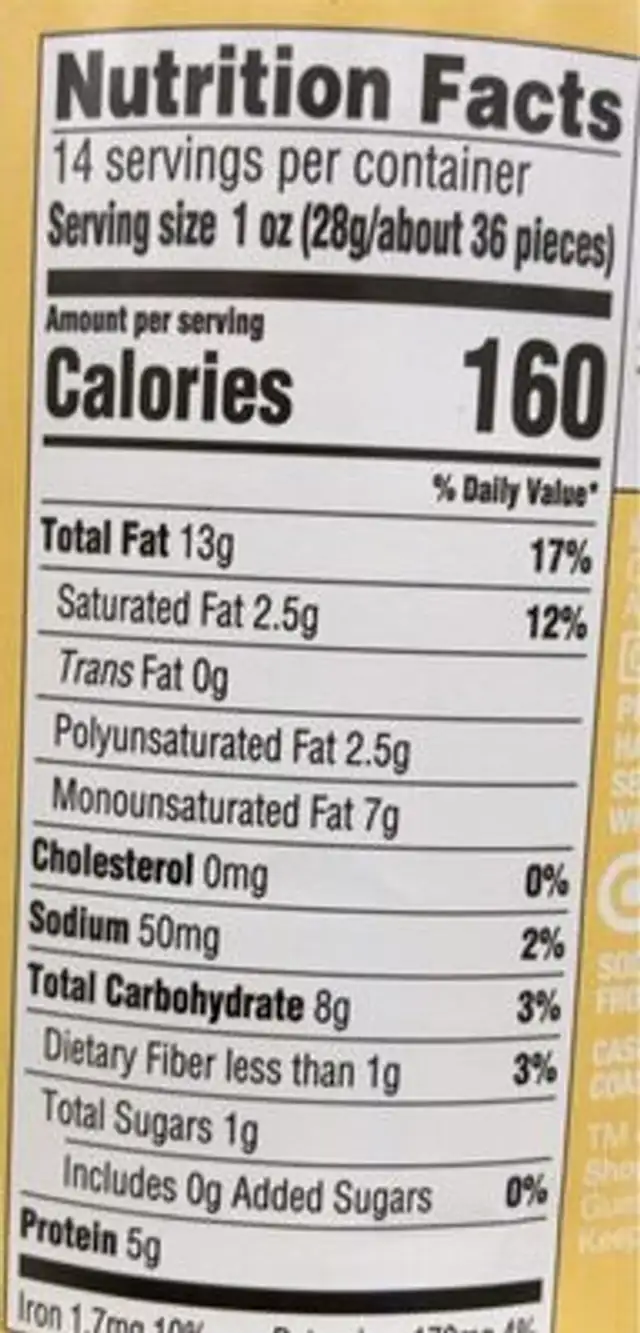 Lightly Salted Cashew Halves & Pieces nutrition facts table