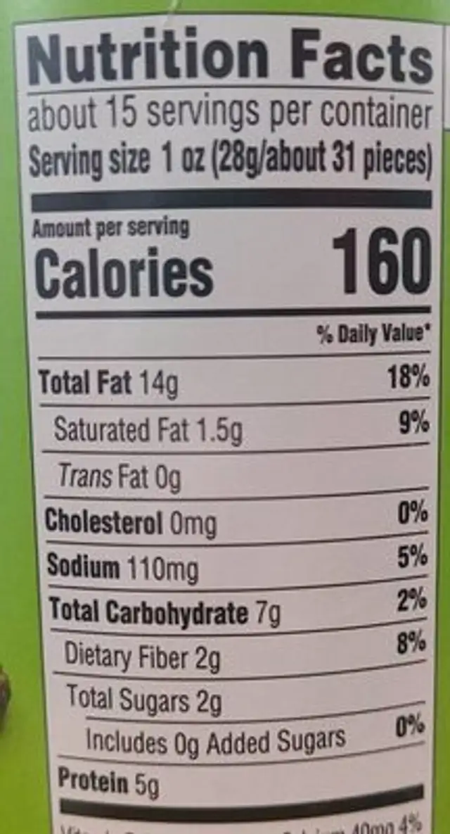Pistachio mix nutrition facts table