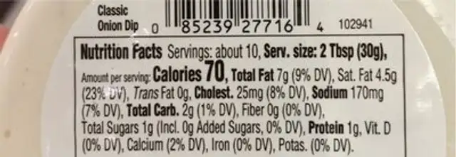 Classic onion dip nutrition facts table