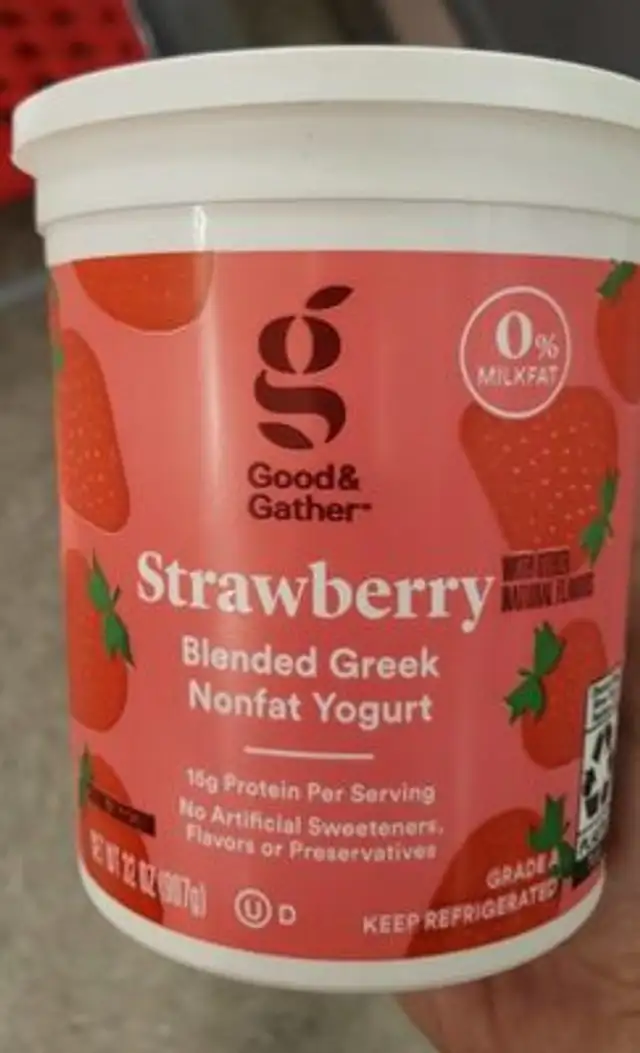 Strawberry blended Greek nonfat yogurt