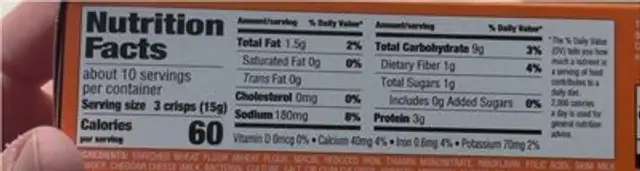 Cheddar & Red Pepper Artisnal Crisps nutrition facts table