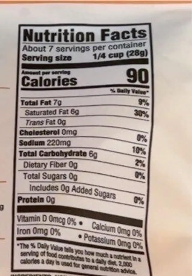 Non-Dairy cheddar style shreds nutrition facts table