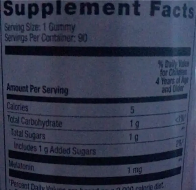 Kids melatonin gummies nutrition facts table