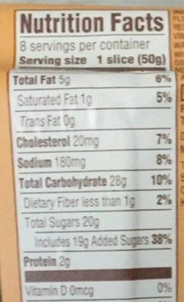 Factory day bakery nutrition facts table