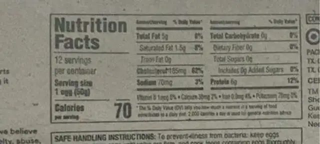 Organic eggs nutrition facts table