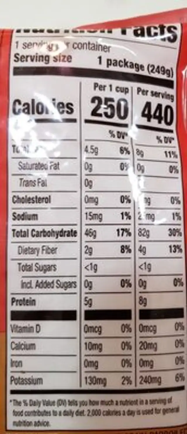 Whole grain brown rice, whole grain nutrition facts table
