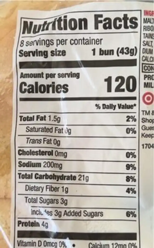 White hamburger buns nutrition facts table