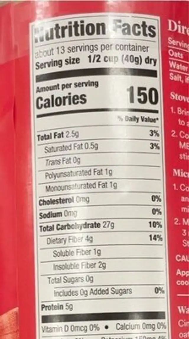 Old Fashioned Oats nutrition facts table