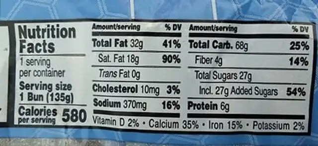 Jumbo Honey Bun nutrition facts table