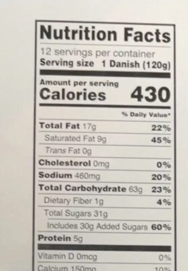 Cherry Cheese Danish nutrition facts table