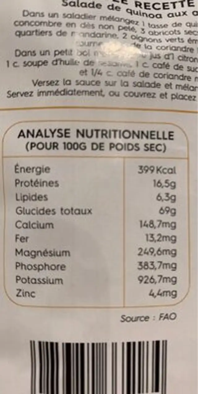 Quinoa d'ile de france nutrition facts table