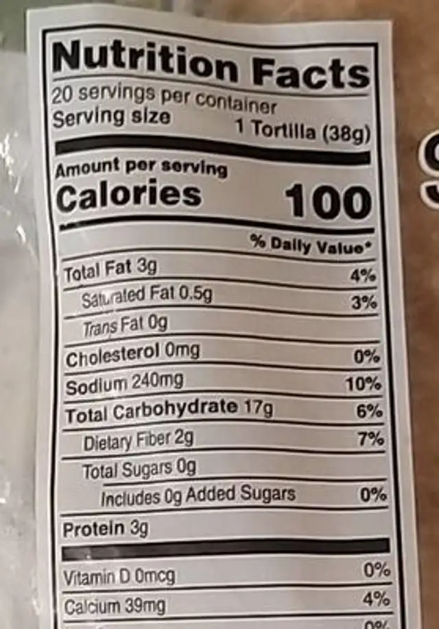 Tortillas de harina nutrition facts table