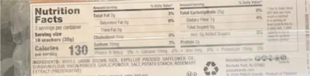 Savory Rice Thins Toasted Onion & Garlic nutrition facts table