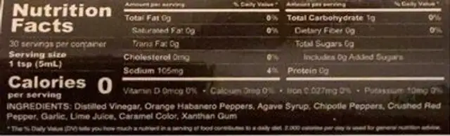 Hellacious hot sauce nutrition facts table