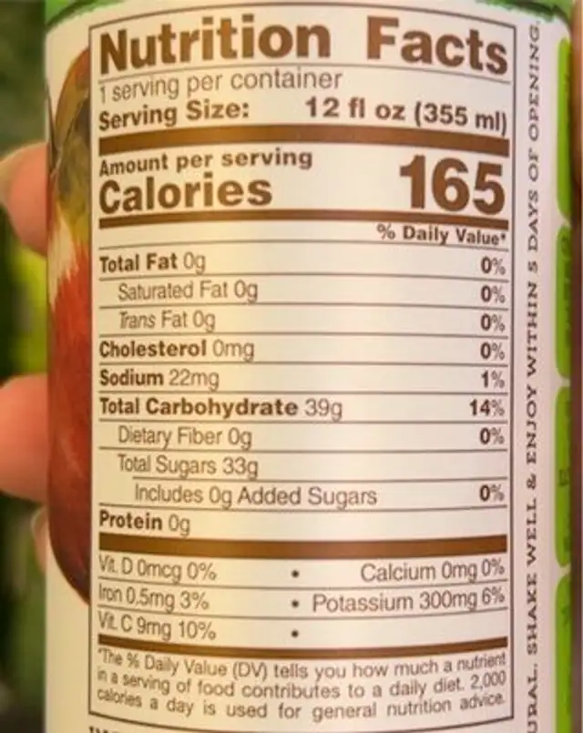 Cold press ginger apple nutrition facts table