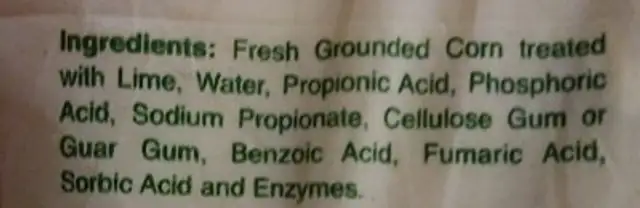 Tortillas Los Arcos ingredients label