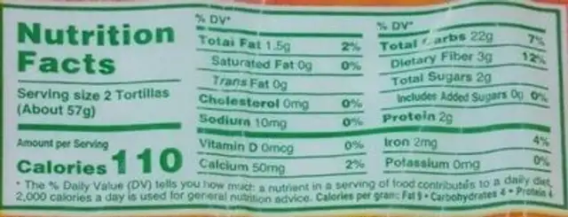 Tortillas Los Arcos nutrition facts table