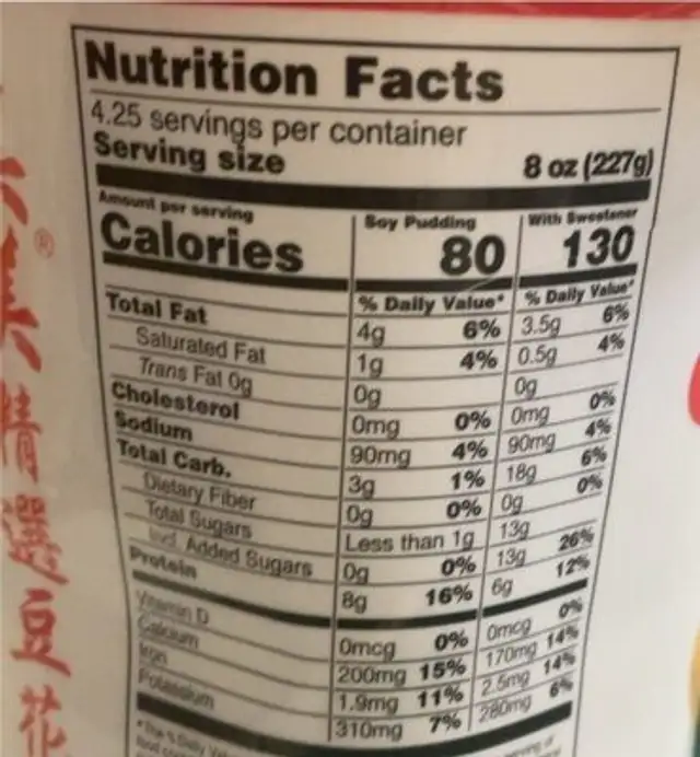Original soy pudding nutrition facts table