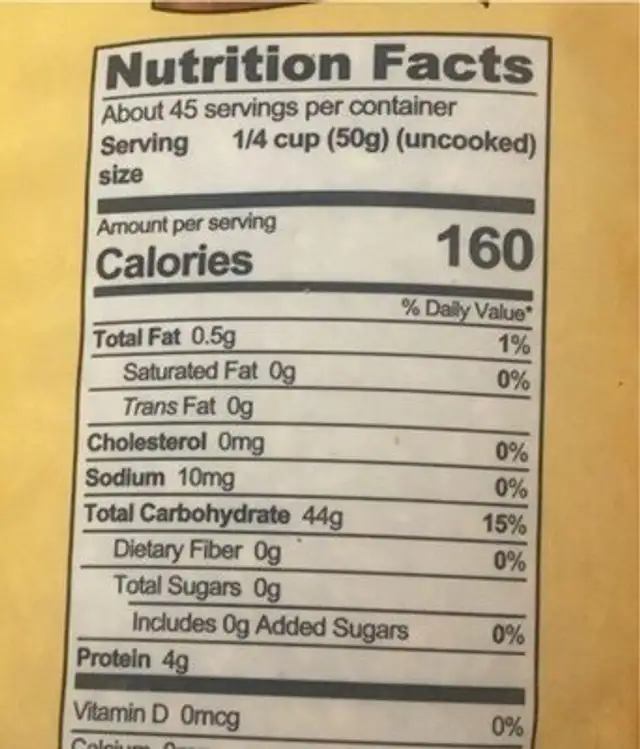Brown Calrose Rice nutrition facts table