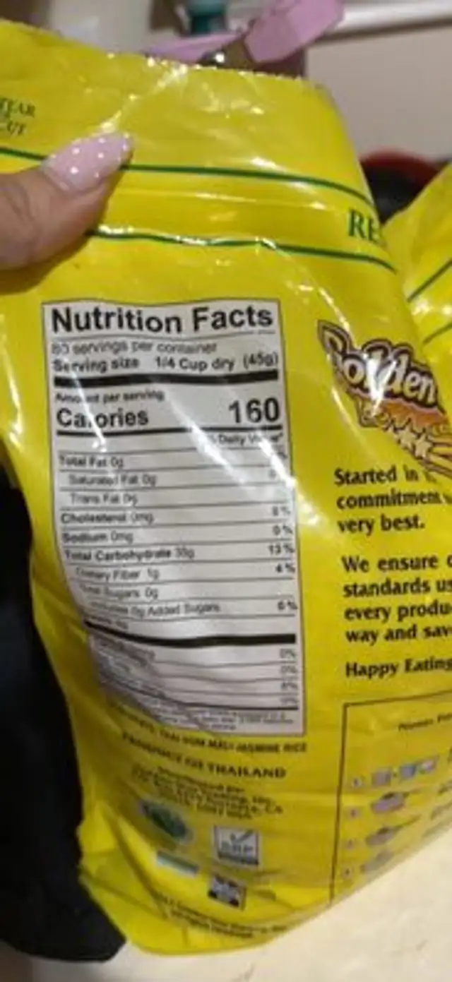 Sustainable Jasmine Rice nutrition facts table