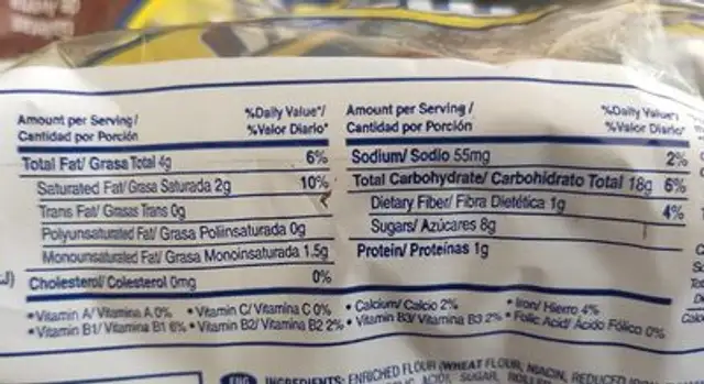 Oatmeal cookies nutrition facts table