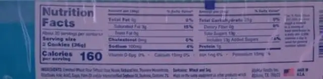 Vanilla Creme Cookies nutrition facts table