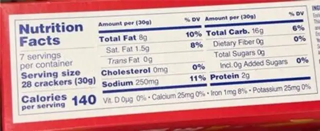 Cheddar cheese crackers nutrition facts table