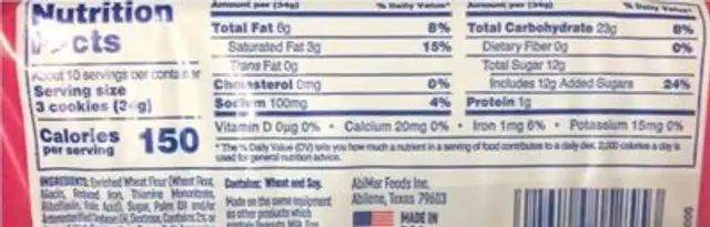 Strawberry Creme Cookies nutrition facts table