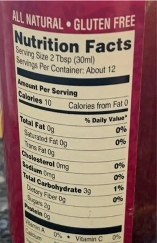 The Silver Palate Vinegar Raspberry Vinegar nutrition facts table