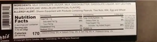 milk chocolate bar nutrition facts table