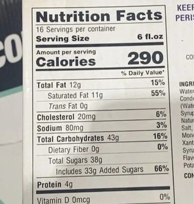Ca Phe Sua Da nutrition facts table