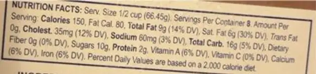 Coffee Icecream nutrition facts table