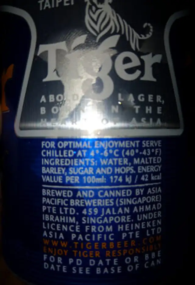 Tiger Beer ingredients label