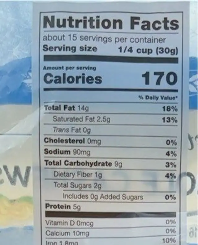 Roasted & Salted Whole Cashews nutrition facts table
